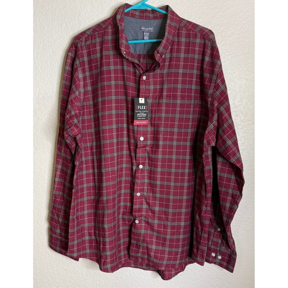 Van Heusen XL Button Down Shirt Maroon Plaid Flex Natural Stretch Non Iron NEW